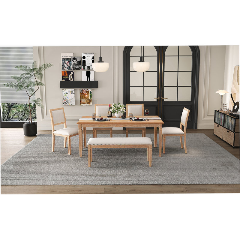 Extendable Dining Table Set, Kitchen Table With 4 Chairs And 1 Bench, Beige/Natural Wood Wash, Natural Wood Wash