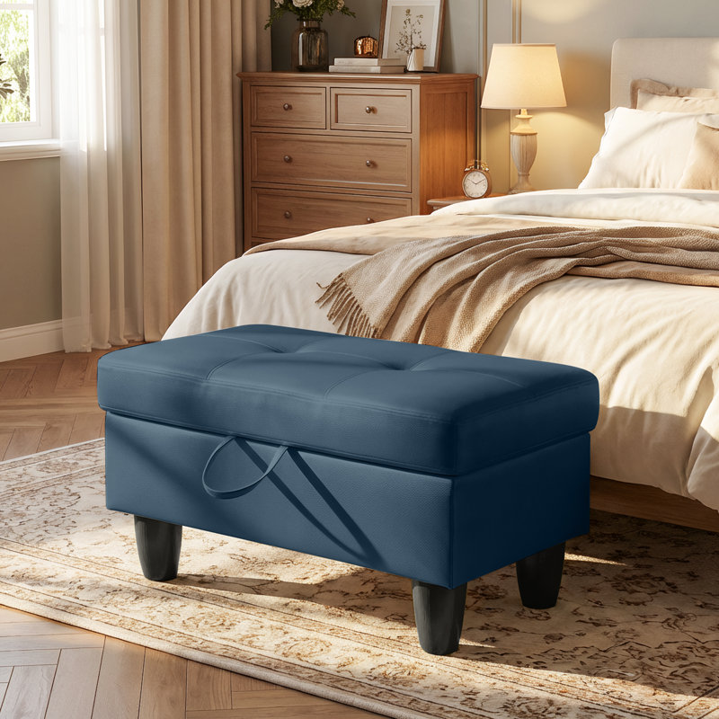 Rectangular Storage Ottoman Bench With Hinged Lid, Faux Leather Footrest For Living Room, Bedroom, Entryway, Navy Blue, 28.5"X19"X17.5"