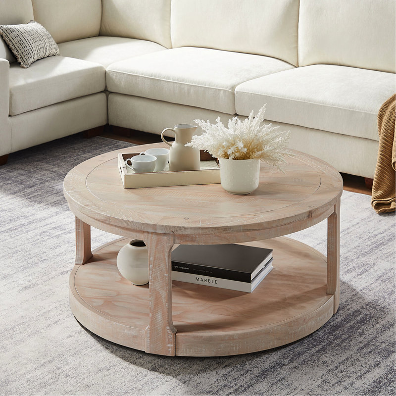 Table basse ronde en bois de 40 pouces avec 2 - Style rustique Mid-Century pour la maison et roues mobiles
