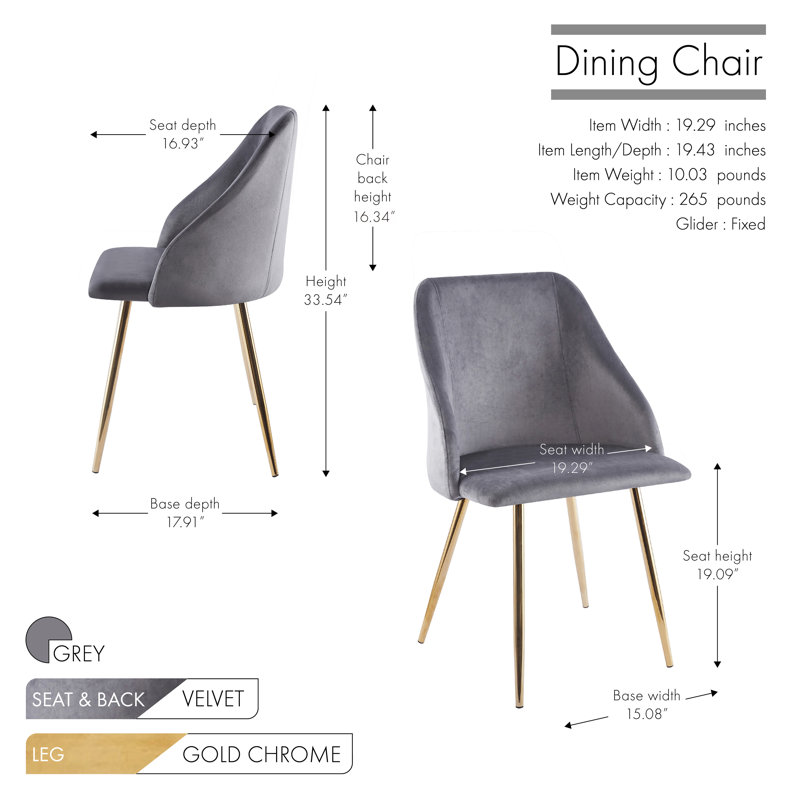 Amaia Velvet Upholstered Dining Chair with Gold Accent Legs, Grey
