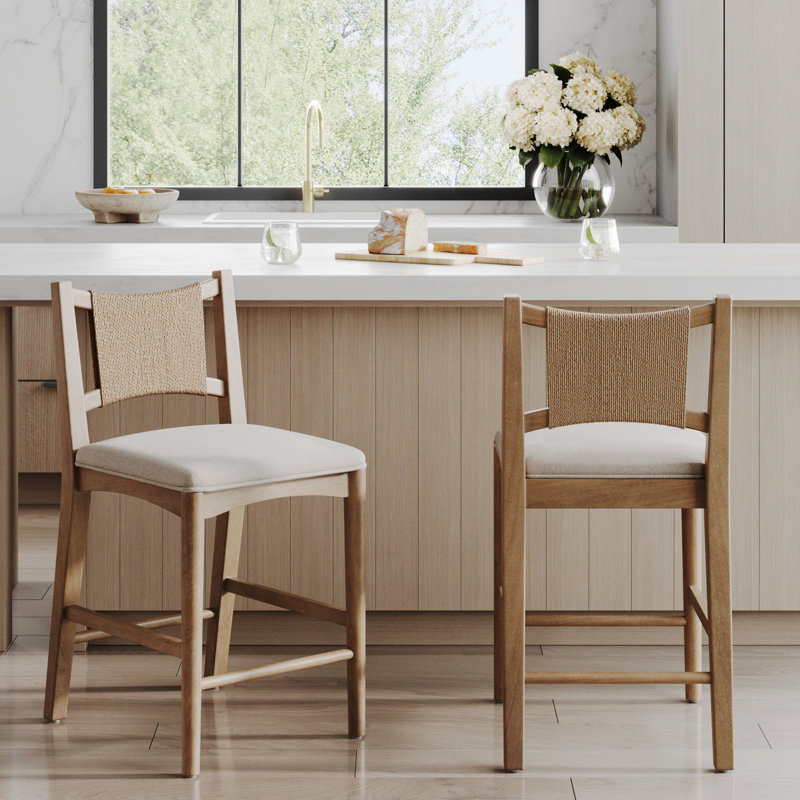Tabouret de bar à hauteur de comptoir Boho avec dossier en ruppie maritime, Flax/Light Brown, 4
