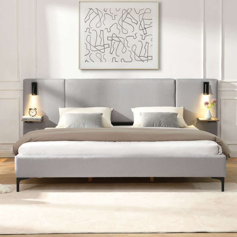 Lit tapissier Boucle avec lumières et tablettes pour le décor de la chambre à coucher en tissu d'ameublement, pratique pour la lecture