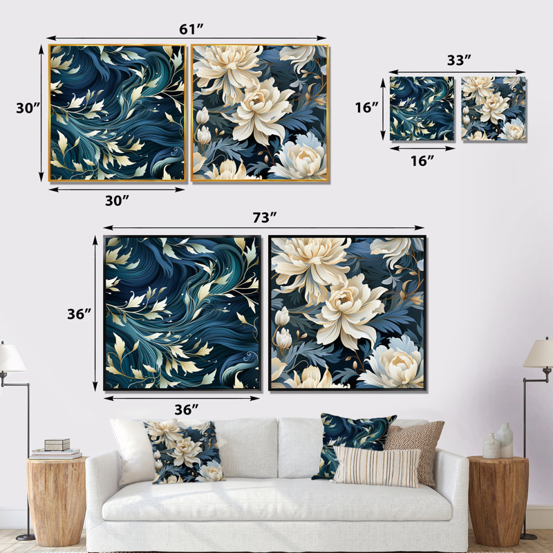 Maiwenn - Ensemble de salon floral 2 pièces, Cadre flottant blanc, H 30 po x l 61 po x P 1 po