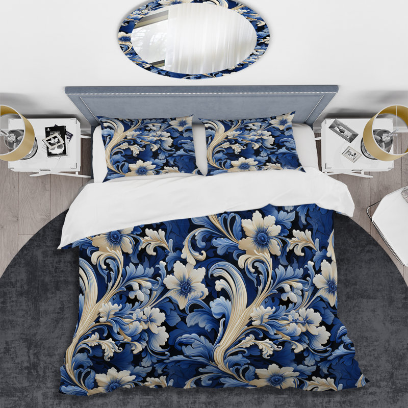 Ensemble de housse de couette V cobalt bleu et blanc à motif floral victorien