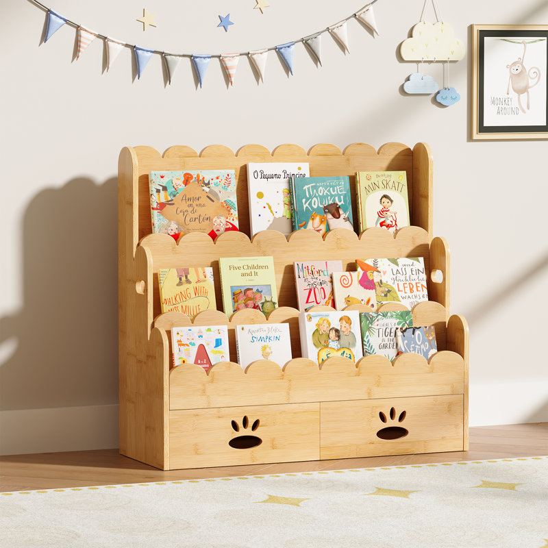 Bibliothèque pour enfants à 3 niveaux avec tiroirs Montessori, Chêne