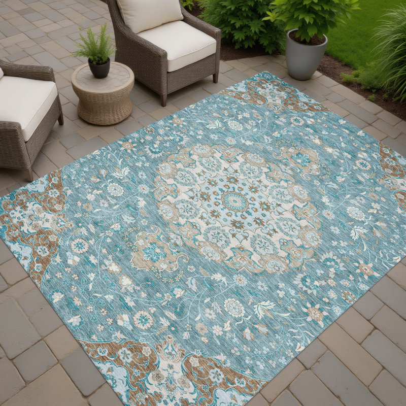 Tapis damassé intérieur / extérieur lavable à la machine ACN2611, Bleu sarcelle, 8 pi x 10 pi