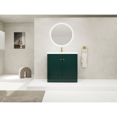 Lavabo de salle de bain sur pied 36 po en résine et 2 portes d'armoire à fermeture en douceur (emballage KD)