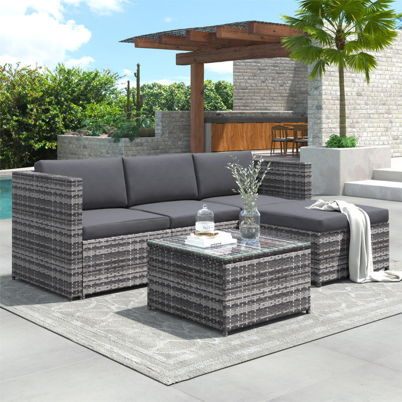 Rattan Garden Sofa Set With Glass Top Coffee Table, Dark Grey, Gray