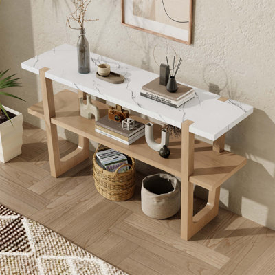 Console étroite avec plateau en marbre, table d'entrée rétro avec tablette ouverte