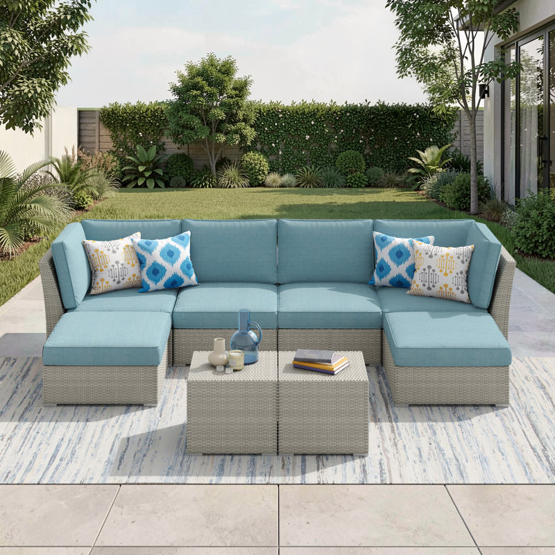 Baecher 6 - Person Wicker / Rattan Outdoor Sectional Seating Group with Cushions & Pillows (Fully Assembled)