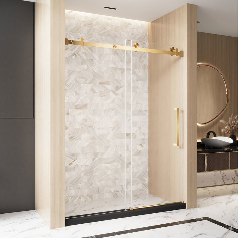 Single Sliding Shower Door With 1/4" (6 Mm) Clear Tempered Glass, Proof Film, Stainless Steel Handle And Square Tube Track, Brushed Gold, American Style For Bathroom, Large Wheels Smooth Easy