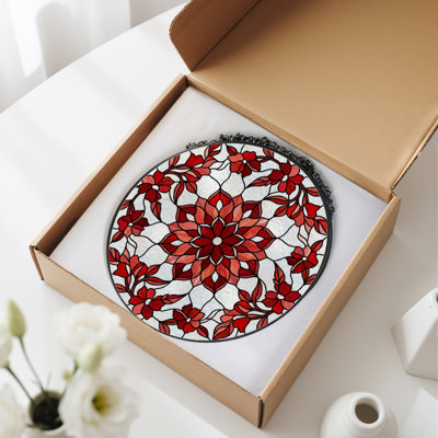 12"H Red Floral Stained Glass Window Panel
