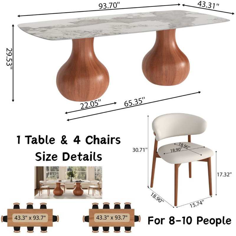 Grand ensemble de salle à manger à double piédestal pour 6 à 10 personnes Otelia, 5 Pieces: Table, 4 Chairs