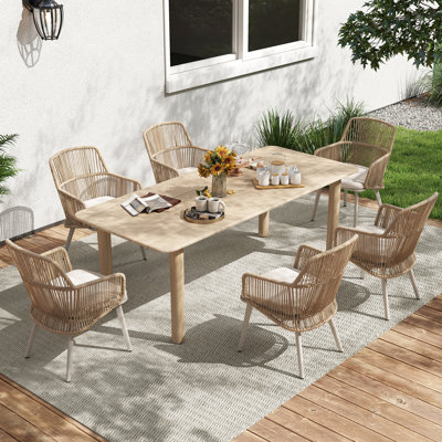 Ensemble de salle à manger 7 pièces pour patio avec table en bois massif et 6 fauteuils à dossier en rotin