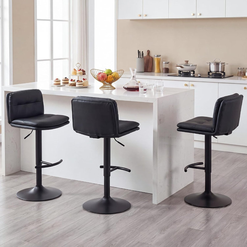 Tabourets de bar pivotants en similicuir avec dossier et repose-pieds, structure en acier à hauteur réglable (paquet de 3)