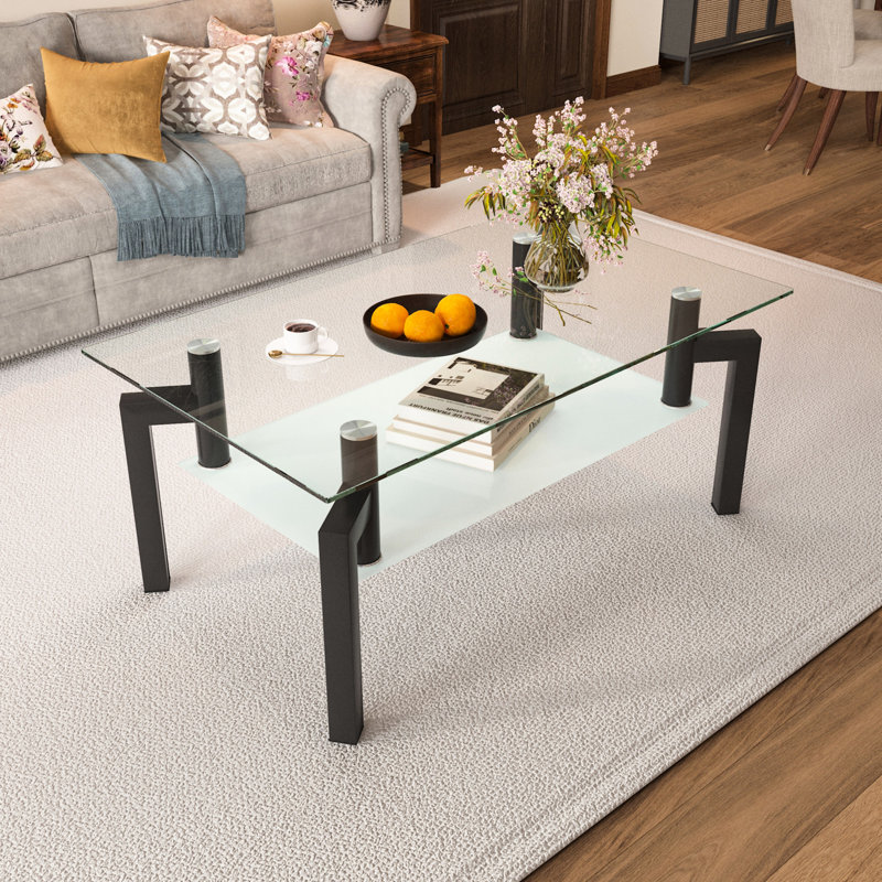 Modern Side Table With Black Glass And Ample Storage Capacity Rectangle Coffee Table, Surface Spacious