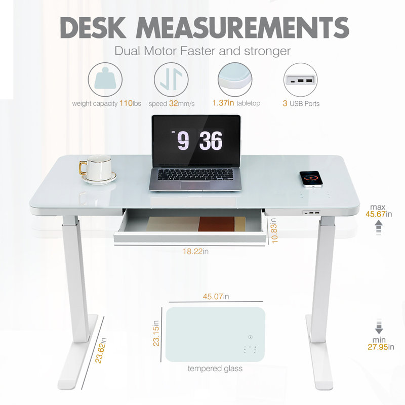 White Adjustable Height Standing Desk with Glass Top and Drawer