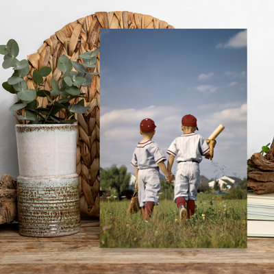 1960S Two Boys Brothers Wearing Little League Baseball Uniforms Holding Hands Walking Away From Camera Classic Retro Vintage Bat Wall Art