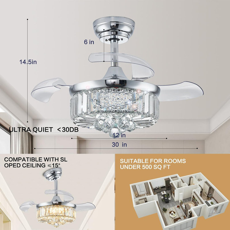 30" Chandelier Ceiling Fan With Light Crystal Modern Fa...