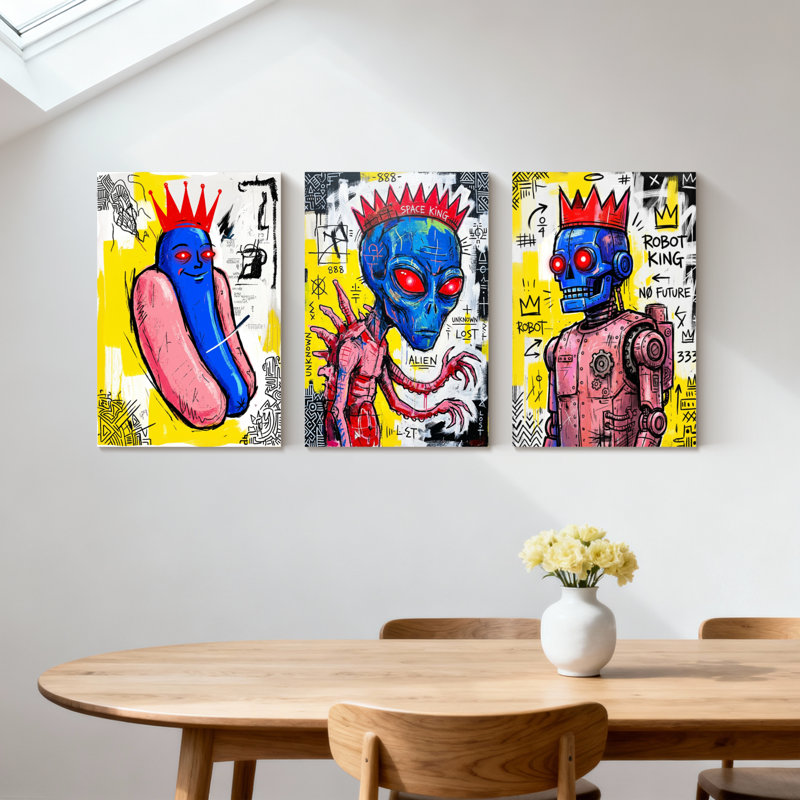 Ensemble de 3 reproductions d'art sur toile, "Alien Robot King Crowned Graffiti", H 18 po x l 36 po