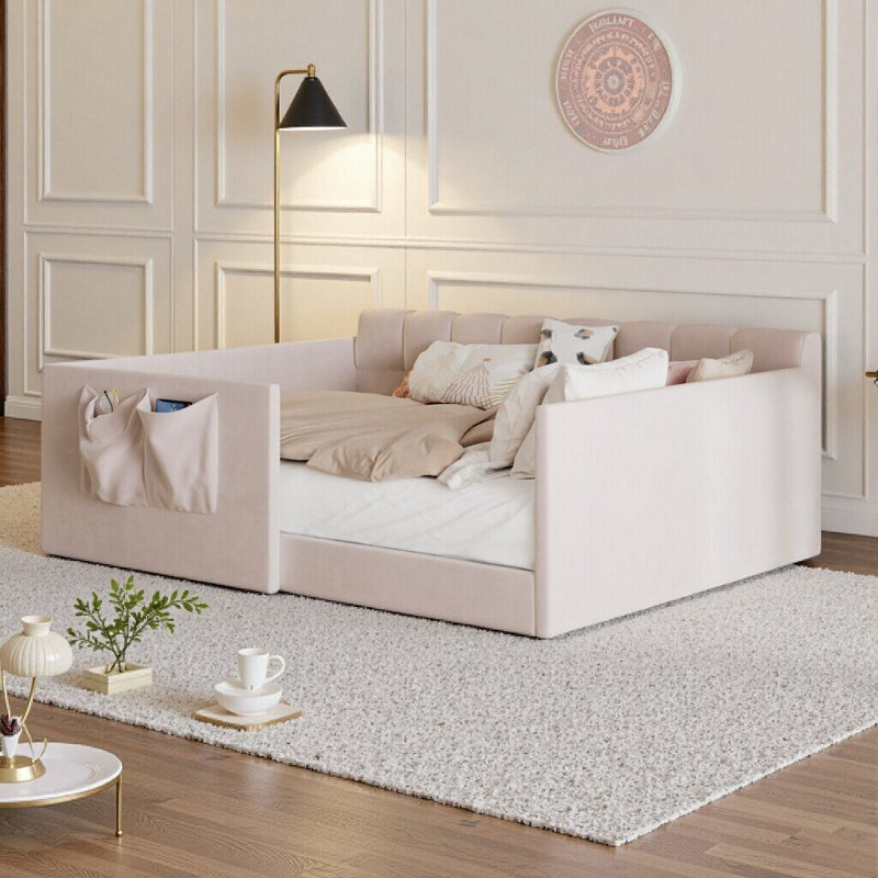 Lit de jour simple / double en velours avec accès et rangement latéral, canapé-lit peu encombrant, Double, Rose