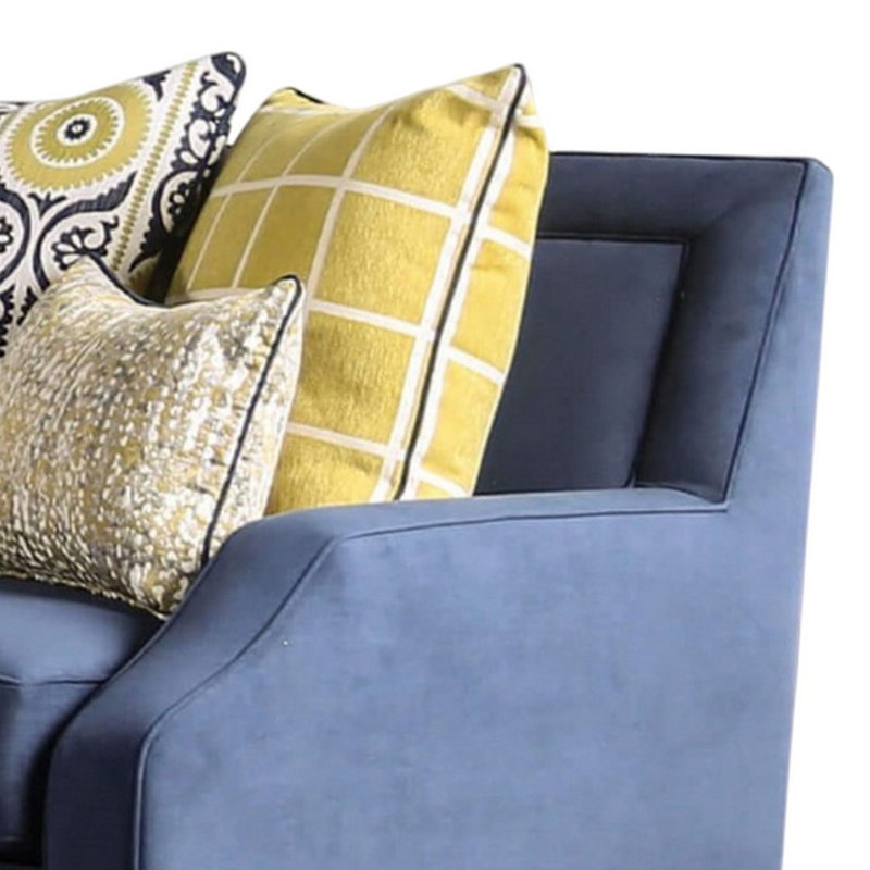 Causeuse Omis, velours bleu marine, 5 coussins décoratifs, bois massif, 65 pouces