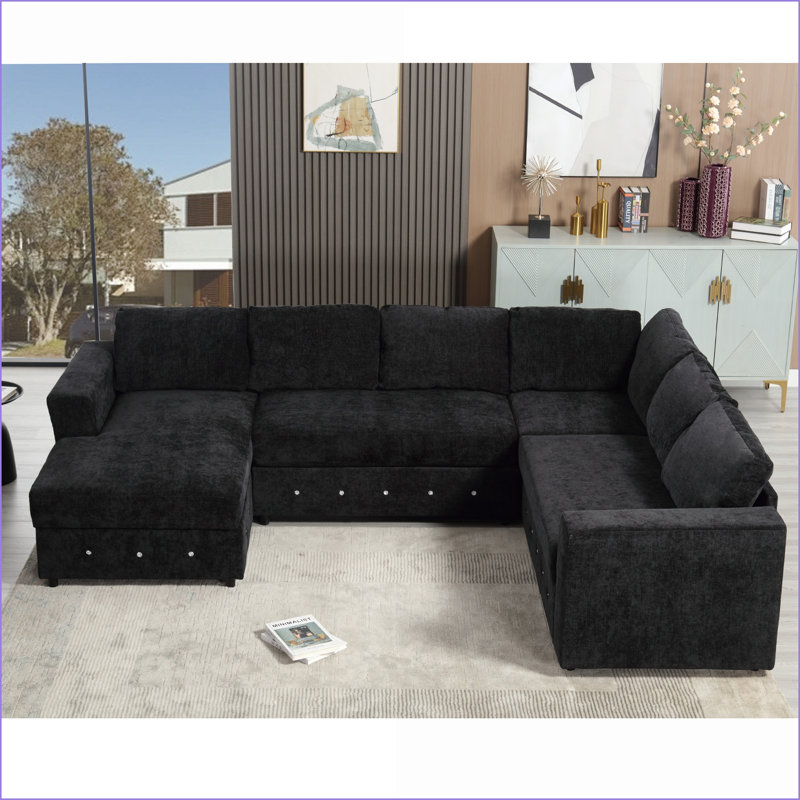 Canapé modulaire, canapé en chenille en U moderne avec rangement en méridienne de 110,75 po, noir | Cadre en bois, Noir