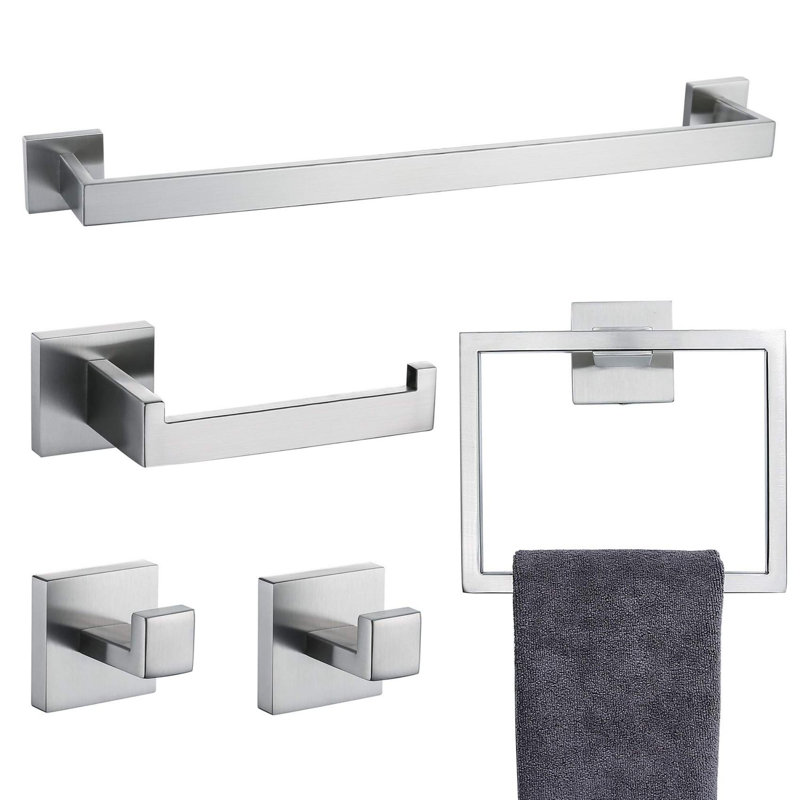 Ensemble 5 pièces de quincaillerie de salle de bain murale, Nickel brossé