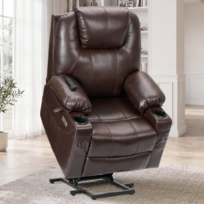 Dual Motor Power Lift Recliner Chair for Elderly with Massage and Heat, Electric Lift Chair for Adults with Extended Footrest, USB A&C, 2 Cup Holders (T6013-Faux Leather, Dark Brown, Medium)