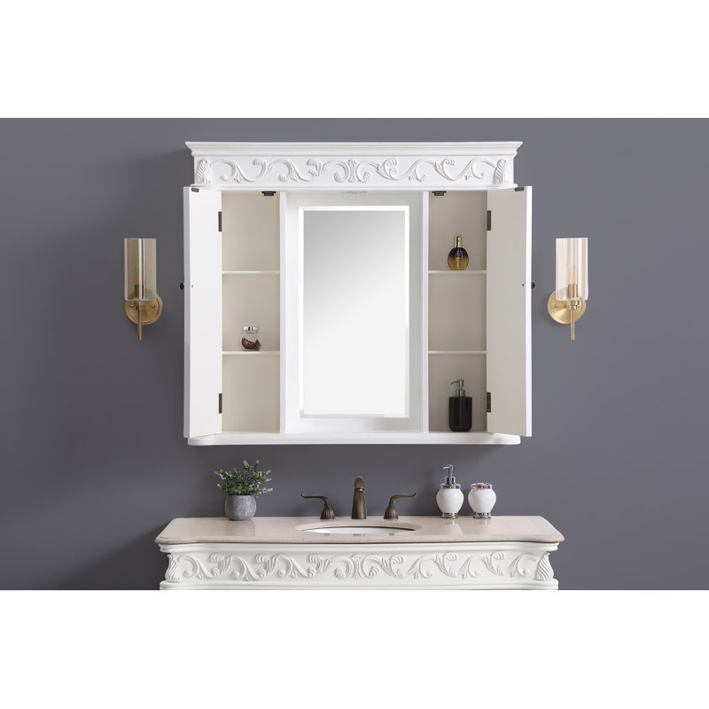 W H Surface Framed Medicine Cabinet with Mirror and Fixed Shelves, Antique White, 38" H x 42" W x 7.5" D