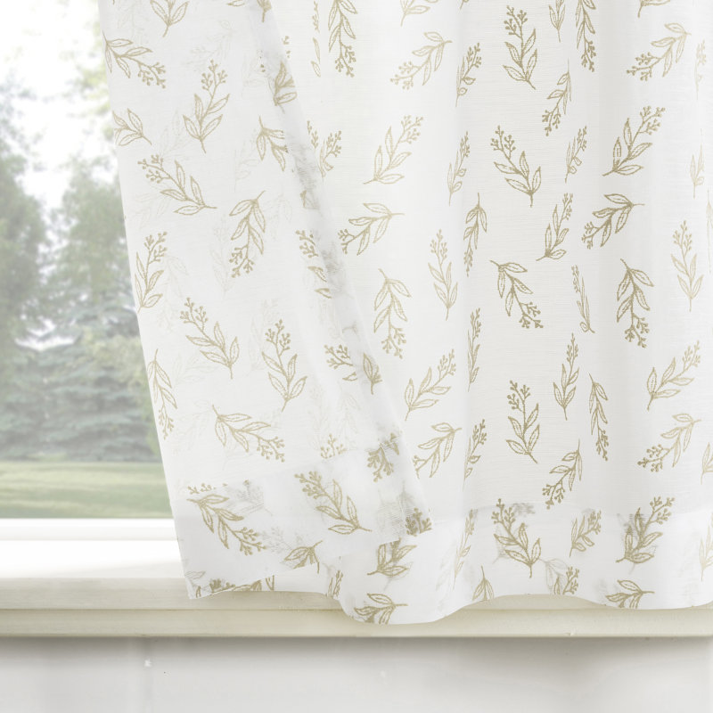 Carsonville Floral Leaf Sheer Rod Pocket Kitchen Curtain Tier, 54" W x 24" L, Beige