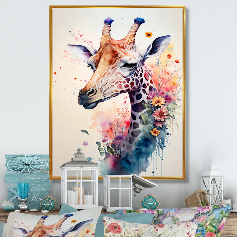 «Cute Giraffe Floral Art II», peinture sur toile, H 20 po x l 12 po x P 1 po, Toile avec cadre flottant or