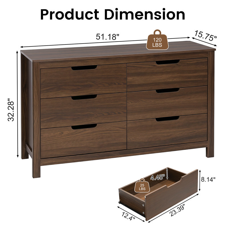 Commode 6 tiroirs pour chambre à coucher, commode moderne de 51 po de large avec rangement, grand meuble télé de commode, rangement en bois pour le salon, couloir, brun