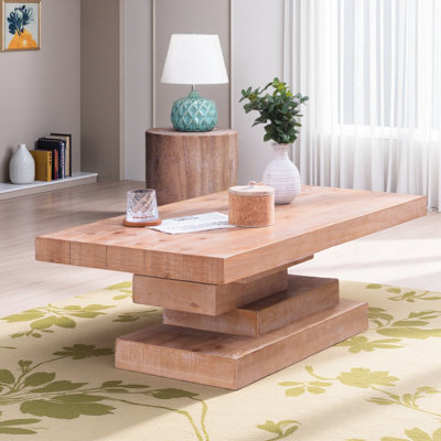 Wood-Look Coffee Table with Sculptural Block Base, Farmhouse Rectangular Center Table,Natural Color
