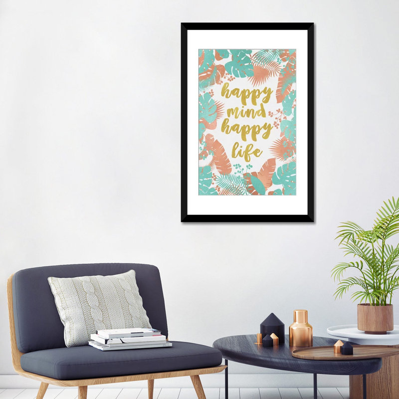 « happy mindate happy life », impression sur toile, H 32 po x l 24 po x P 1 po, Papier d'art encadré noir, Blanc
