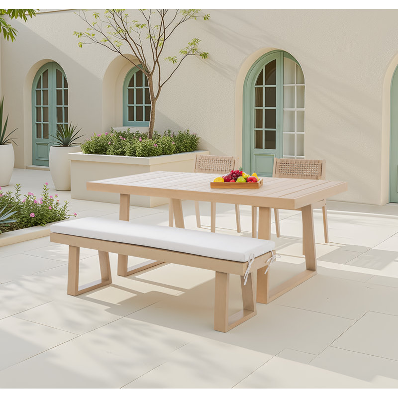 Ensemble de salle à manger de patio en bois d'eucalyptus pour 4 personnes avec banc Rosa, coussins inclus