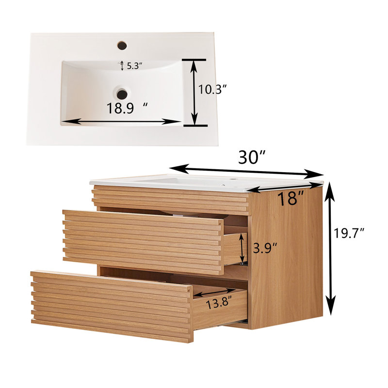 30" Wall Mounted & Floating Single Vanity with Ceramic Sink