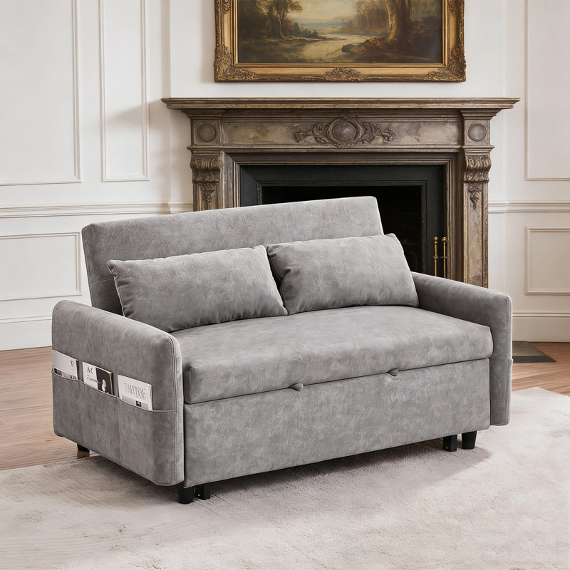 Upholstered Loveseat with Adjsutable Backrest, Storage Pockets, 2 Soft Pillows and USB Ports, Grey