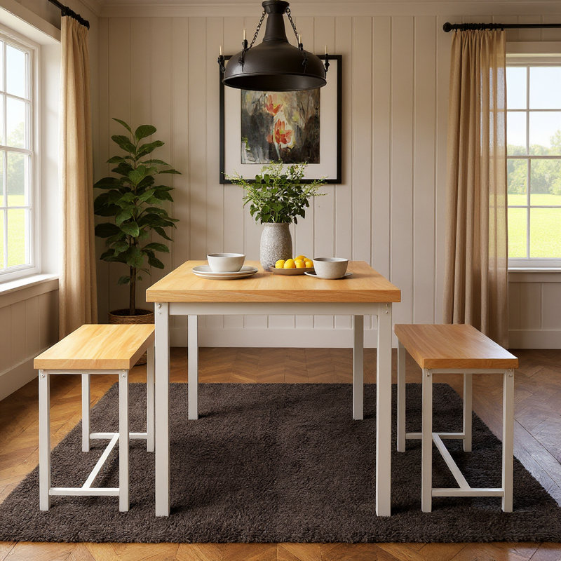 Ensemble de salle à manger 3 pièces avec bancs Efrat, Naturel clair, Blanc