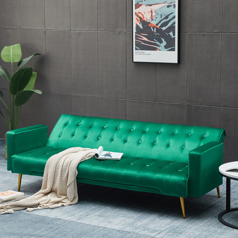 Luxurious Velvet Sofa Bed with Golden Metal Legs, Perfect for Compact Living Spaces and Maximum Comfort., Green