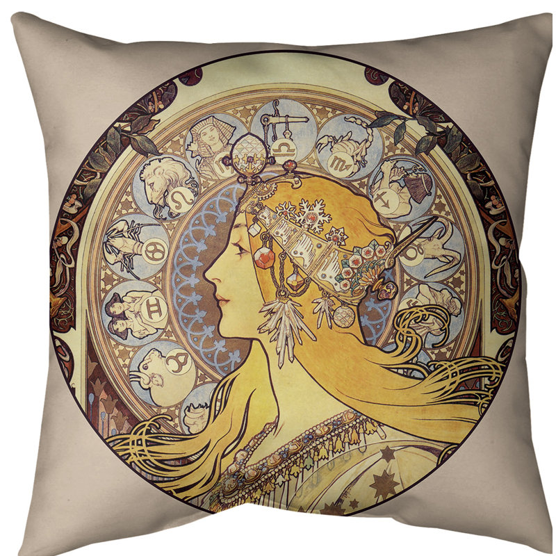 Coussin décoratif alphonse mucha zodiac, 14 po x 14 po, Polyester sergé