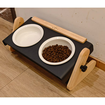 Adjustable Elevated Double Ceramic Pet Bowls With Bamboo & Iron Stand, Neck Protection Pet Feeder For Indoor & Outdoor Use, For Cats And Small Dogs, 16.3X7.9X15.7 Inch Style 04 In White