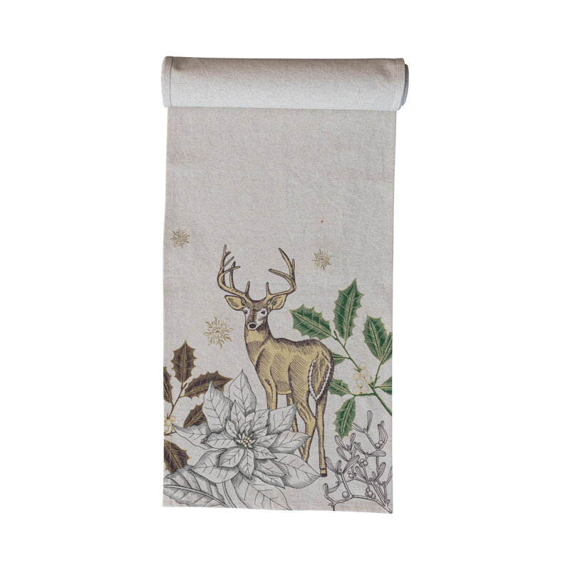 Cotton And Linen Printed Table Runner With Flora/Fauna Pattern And Metallic Thread Embroidery