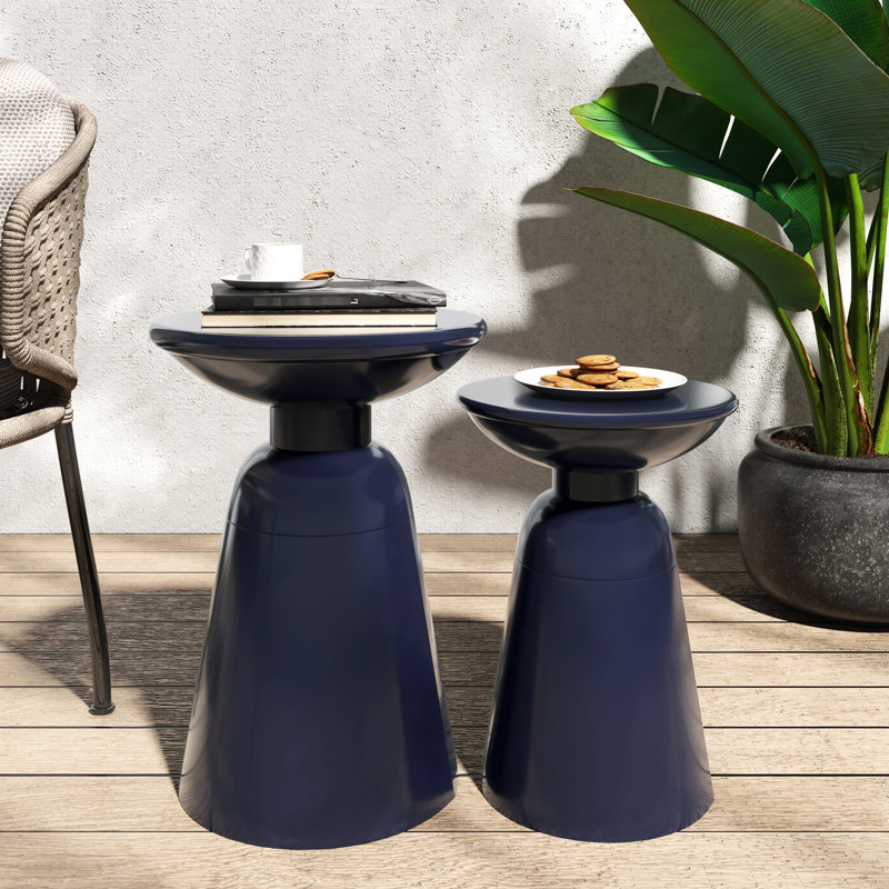 Modern Navy Blue Metal End Tables S/2, Powder-Coated Iron Frame, Design With Robust Pedestal Structure, 15"X15"X20.56" & 12"X12"X17.25", Assembly Required S/2 Table , Frame And Firm Construction,