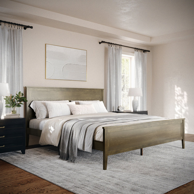 Brown Gray King Upholstered Wood Platform Bed with Headboard and Drawer