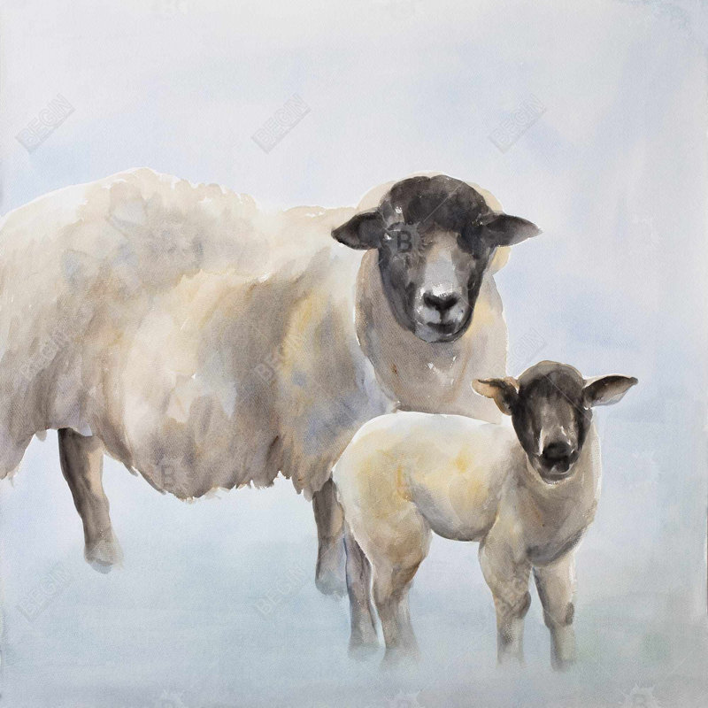 «Sheep with a Lamb», reproduction de peinture à l'huile sur toile tendue, H 12 po x l 12 po x P 1,5 po