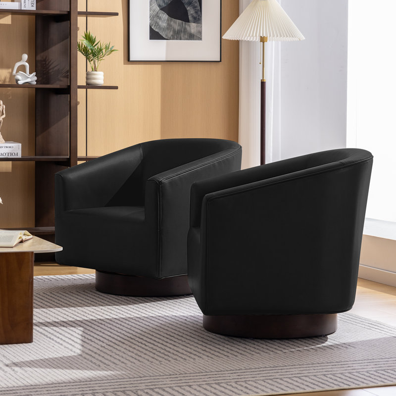 Fauteuil demi-tonneau pivotant de 27,6 po de largeur avec base en bois massif - 2 pièces, Black