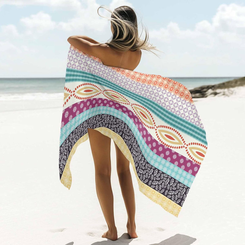 Oversized Beach Towel Abstract Boho Flower Leaf Soft Absorbent Quick-Dry Sand-Free Microfiber Towel for Travel/Surf/Swim/Pool Compact Towel Traditional Ethnic Stripe Plaid Bath Blanket, 60" x 80"