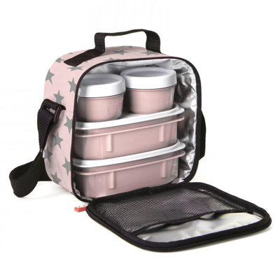  Insulated Lunch Bag with Containers, Thermal Lined Lunch Box, Reusable Leak Proof Containers for Work, Travel, and Beach, Pink Stars Small Lunch Bag with Adjustable Strap, Easy to Clean