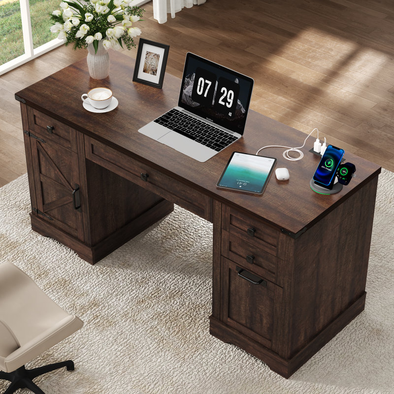  58'' W Rectangle Computer Desk with Storage Cabinet and Drawers, Farmhouse Home Office Desk, Wooden Executive Desk with Charging Station